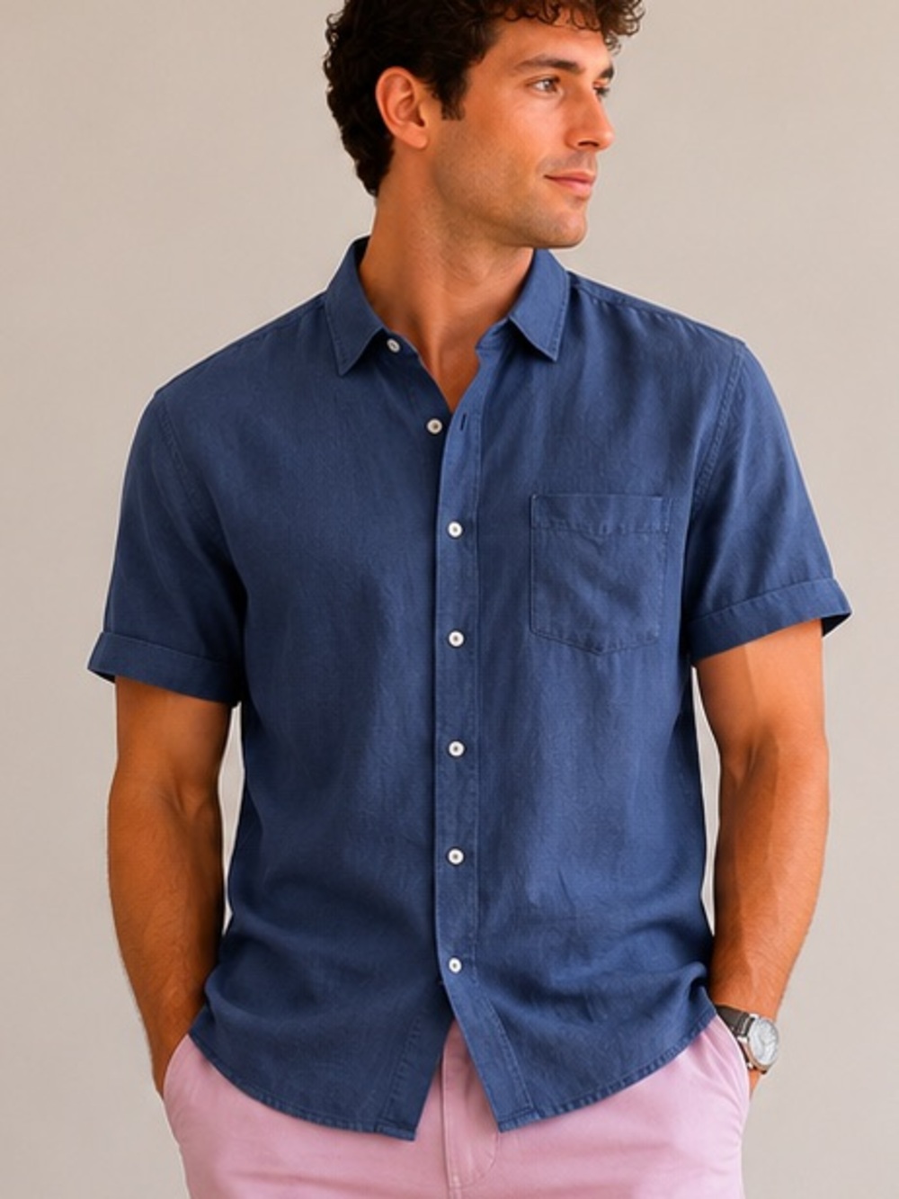 Neiman Marcus Navy Blue Short-Sleeve Button-Up Shirt 100% linen. BB28